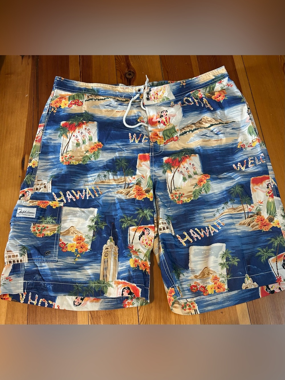 Ralph Lauren Blue Hawaiian Print Swim Shorts with Tropical Accents